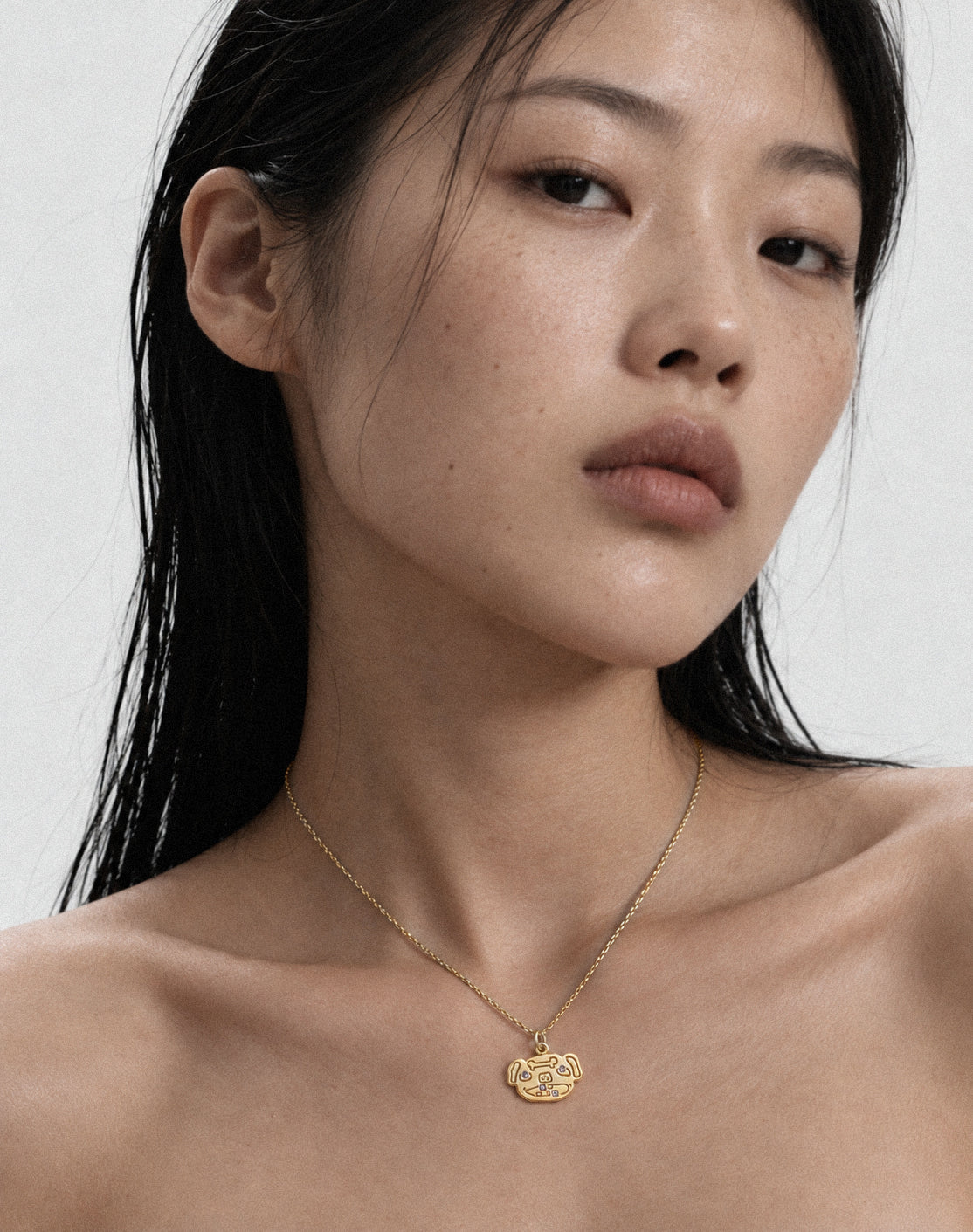 Intuitive medallion necklace, gold with diamonds finish, lifestyle